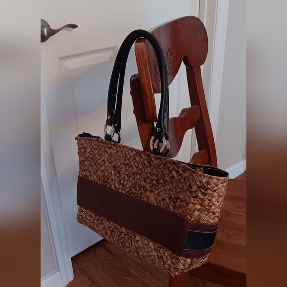 Wicker Tote Bag Brown Black 14" - Picture 4 of 6